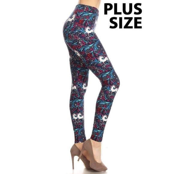 Plus Size Unicorns Printed‎ High-Waisted Leggings In A Fitted Elastic Waistband. - Picture 1 of 4